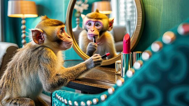 A curious monkey plays with lipstick, gazing into a mirror in a chic indoor space decorated with lamps and plush furniture