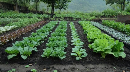 Rows of lush green vegetables growing in a garden.