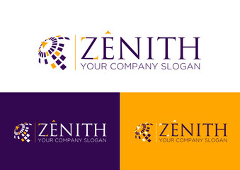 zenith zenite logo sun peak acme world globe arrow design purple yellow visual identiy
