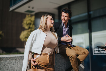 Two business people engage in a casual conversation outdoors. They are dressed in business casual attire, sitting by a modern office building, enjoying a sunny day.