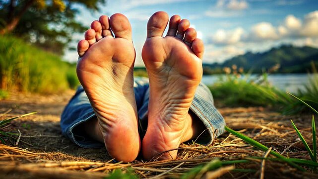 A persons feet resting on the ground in nature enjoying a relaxing moment 4K