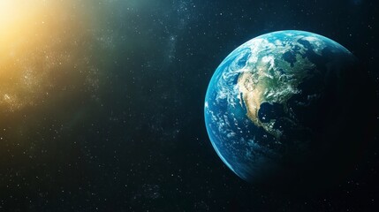 Fototapeta premium Earth View From Space with Starry Background and Sun Flare