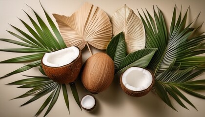 Serene composition of various tropical leaves and ripe coconuts displayed in a natural setting, all captured in a calming range of earthy and muted tones