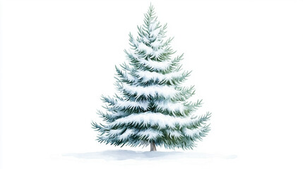 Illustration of a snow-covered evergreen tree standing on the snow, isolated on a white background. 