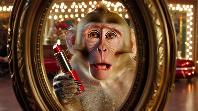 A monkey humorously holds a lipstick while gazing into a mirrored frame, surrounded by a lively, colorful background