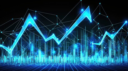Naklejka premium Abstract blue tech chart overlaying city with a dark background for business or advertising