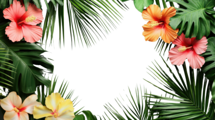 Tropical frame of hibiscus flowers and palm leaves creating a border on transparent background
