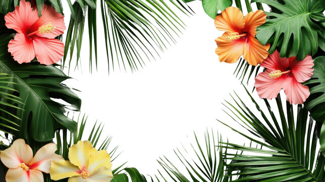 Tropical frame of hibiscus flowers and palm leaves creating a border on transparent background