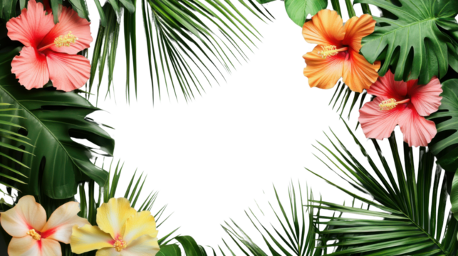 Tropical frame of hibiscus flowers and palm leaves creating a border on transparent background