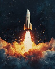 Rocket Launching Into Space with Bright Flames and Dark Sky