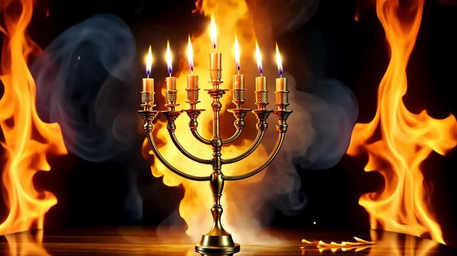 Seven arms golden Menorah candlestick of the Tabernacle Sanctuary with fire and flames effects 4K
