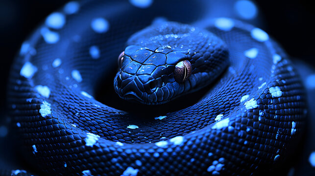 Emerald Python in Dark: A captivating emerald python coiled in a mysterious pose, its iridescent scales shimmering under the soft, moody lighting, creating a sense of intrigue and beauty.