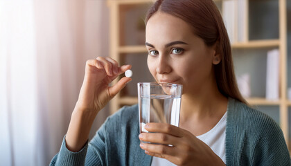 Fototapeta premium Woman Taking Pill with Water: Medication, Supplement, and Healthcare Close-Up - Daily Routine and Wellness Concept