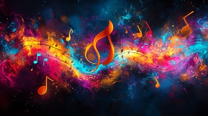 A vibrant, artistic scene of musical notes and a treble clef, bursting with colorful energy, symbolizing the creative power of music and expression