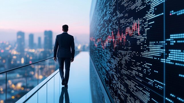 A business executive walks along a glass bridge in a hyper-connected city, data projections floating in mid-air, self-driving vehicles below, AI-driven urban planning, financial market graphs