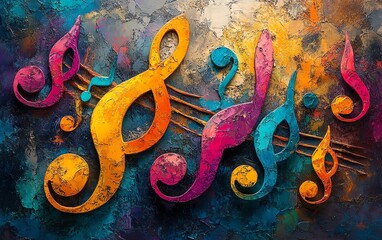 An artistic depiction of colorful musical notes and a treble clef, creating a vibrant, energetic representation of musics creative power