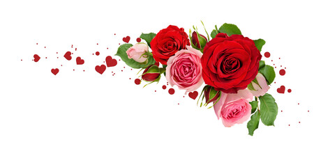 Red and pink rose flowers with green leaves and romantic confetti in a corner arrangement isolated on white or transparent background