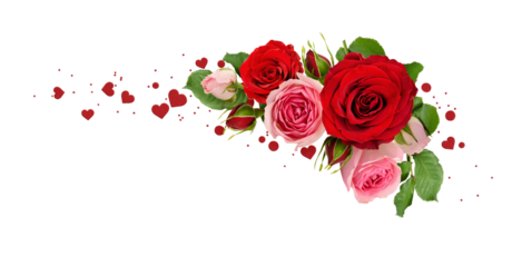 Red and pink rose flowers with green leaves and romantic confetti in a corner arrangement isolated on white or transparent background