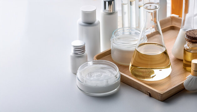 Natural Skincare Ingredients and Laboratory Glassware on Blue Background: Cosmetic Product Development Concept with Botanical Elements