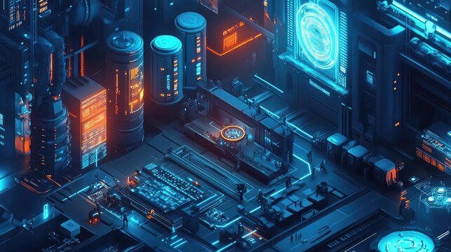 Futuristic Cityscape Digital Art Neon Lights Cyberpunk Technology Server Racks Data Center