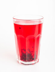 Hibiscus Tea, Dry Rose Drink, Cold Fruit Red Tea in Transparent Mug, Roselle Hibiscus Tea