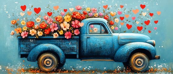 A blue truck brimming with colorful flowers and hearts, radiating love and joy in a charming, joyful illustration perfect for celebrations and romantic themes