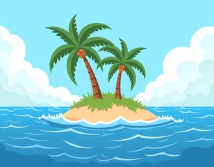 Fototapeta premium A tranquil island emerges from the azure sea, featuring lush greenery and towering palm trees. Fluffy clouds float above, hinting at a perfect day for relaxation and exploration Generative AI