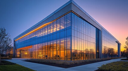 Obraz premium Illuminated Modern Office Building at Dusk
