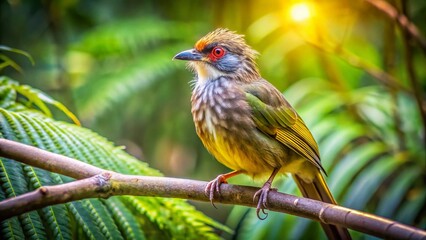 Straw-headed Bulbul Songbird in Lush Borneo Rainforest Habitat