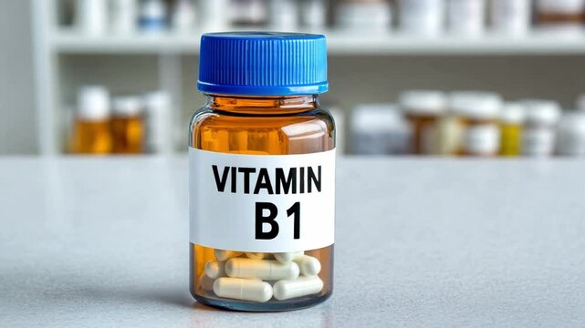 Bottle of vitamin B1 supplement on countertop with blurred pharmacy background
