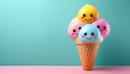 Kawaii-style ice cream cone with three colorful scoops, each with a cute smiling face, pastel tones, playful and fun illustration, flat design, dessert, sweet treat, cheerful and adorable.