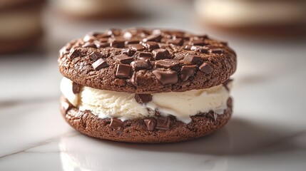 A delicious ice cream sandwich made with chocolate cookies and creamy vanilla ice cream, melting slightly on a marble surface
