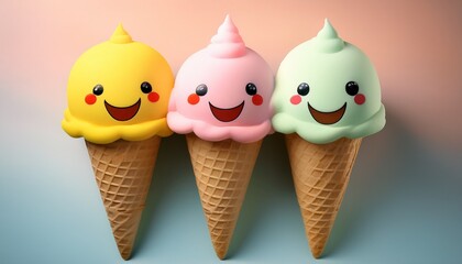 Kawaii-style ice cream cone with three colorful scoops, each with a cute smiling face, pastel tones, playful and fun illustration, flat design, dessert, sweet treat, cheerful and adorable.