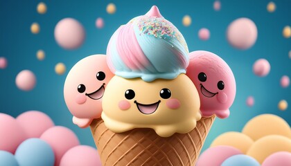 Obraz premium Kawaii-style ice cream cone with three colorful scoops, each with a cute smiling face, pastel tones, playful and fun illustration, flat design, dessert, sweet treat, cheerful and adorable.