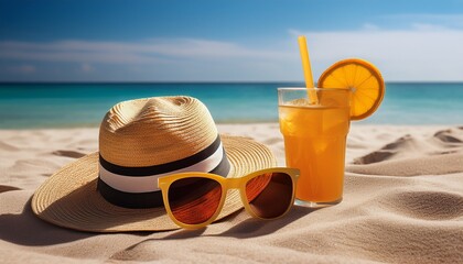 Peaceful and summery minimalist beach scene showcasing a sun hat, trendy sunglasses, and a cool drink arranged on the sun-kissed, warm sand