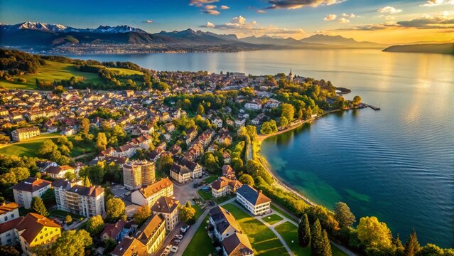Stunning Aerial Panorama of Evian-les-Bains, France: Lake Geneva & Alpine Views