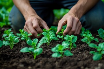 A person is tending to young green plants in rich, dark soil, showcasing the care involved in plant cultivation.