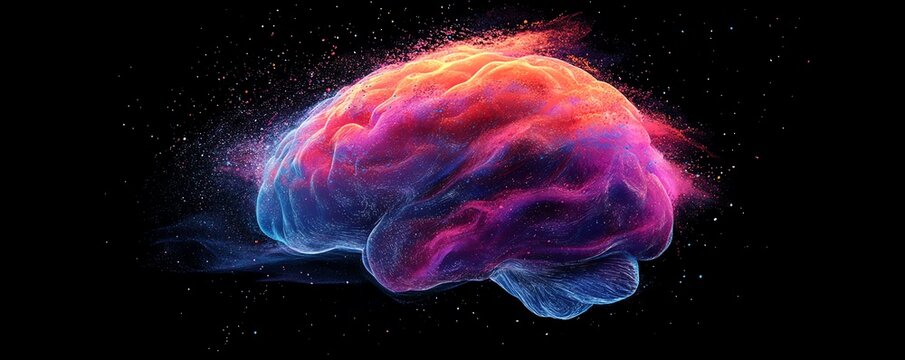 A playful and colorful brain illustration filled with vibrant hues and dynamic splashes, representing creativity and imaginative thinking in an energetic style