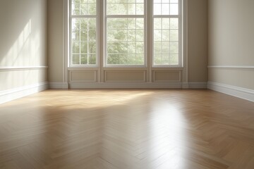 an empty room with sunlight streaming through large windows, highlighting a polished wooden floor