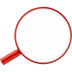 A red magnifying glass with a circular lens and a sturdy handle, often used for examining small details.