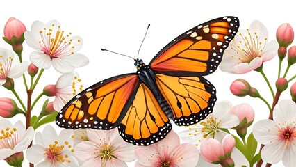 Detailed Monarch Butterfly with Vibrant Orange Wings Among White Cherry Blossoms in Botanical Illustration Style