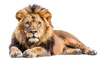 Obraz premium Majestic Lion Lying Down with Transparent Background Displaying Regal Mane and Intense Gaze a Powerful Symbol of African Wildlife