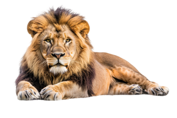 Majestic Lion Lying Down with Transparent Background Displaying Regal Mane and Intense Gaze a Powerful Symbol of African Wildlife