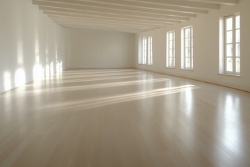 Fototapeta premium an empty room with sunlights from windows, with hardwood floors and architectural details 