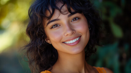 Fototapeta premium Beautiful woman with curly hair smiles warmly in a sunlit outdoor setting surrounded by greenery