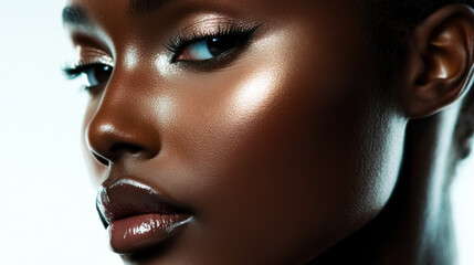 Naklejka premium Glimmering skin of a woman showcasing beauty and elegance in a close-up portrait captured in soft lighting