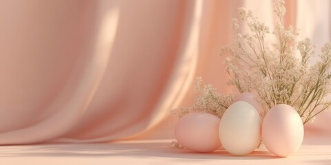 Fototapeta premium Elegant Easter Eggs and White Flowers on a Pastel Background