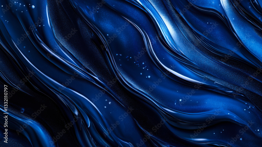 Poster abstract blue waves creating a flowing pattern with shimmering highlights in a dark background