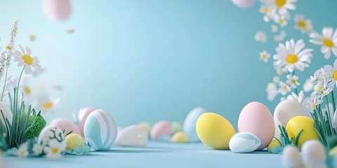Pastel Easter Eggs with Daisies on Blue Background for Celebration