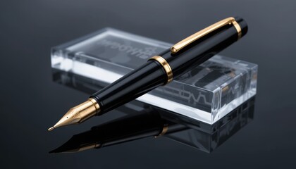 Elegant black and gold fountain pen resting on clear acrylic display with reflective surface and soft lighting